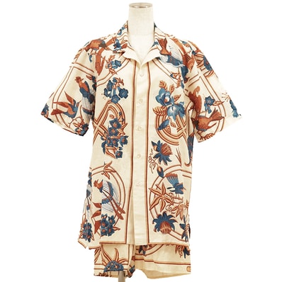 【美品】HERMES エルメス ヴィンテージセットアップ サイズ 44 / 2 レディース アロハシャツ オープンカラー ショーツ コットン100% バード 鳥 ベージュ フランス製