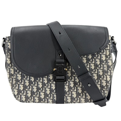 Christian Dior クリスチャンディオール ショルダーバッグ オブリーク Saddle フラップ付きメッセンジャーバッグ ミディアム 肩掛け 斜め掛け レザー キャンバス ブラック 黒 ベージュ シルバー金具 メンズ【中古品】