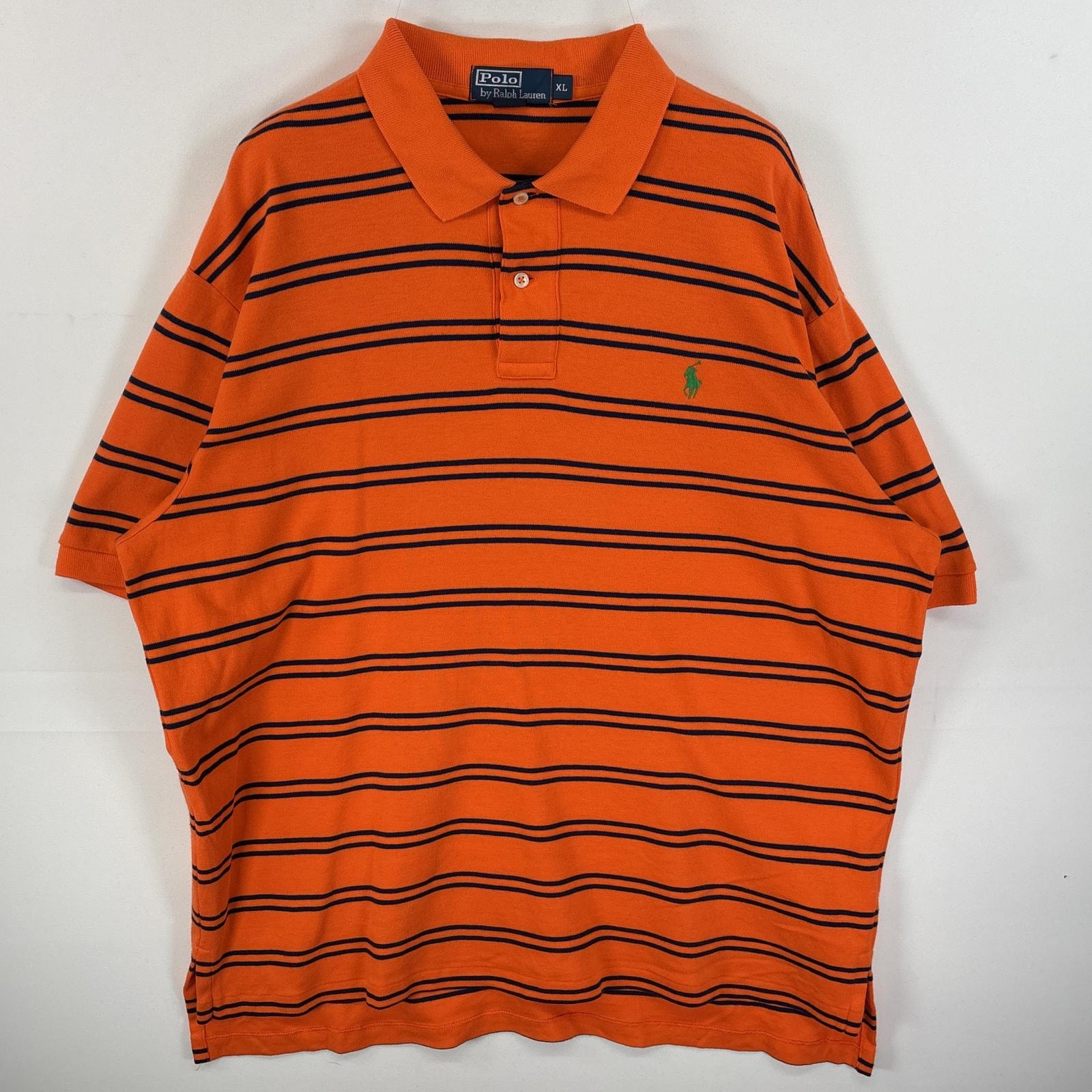 古着 90's/90年代 ポロバイラルフローレン Polo by Ralph Lauren 半袖 ポロシャツ ワンポイント ロゴ 刺繍 2ボタン 大きいサイズ XL  オレンジ系 ボーダー メンズ