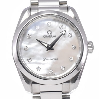 オメガ OMEGA 220.10.28.60.55.001 シーマスターアクアテラ 12Pダイヤ ホワイトシェル クォーツ レディース 良品 腕時計 L#148022