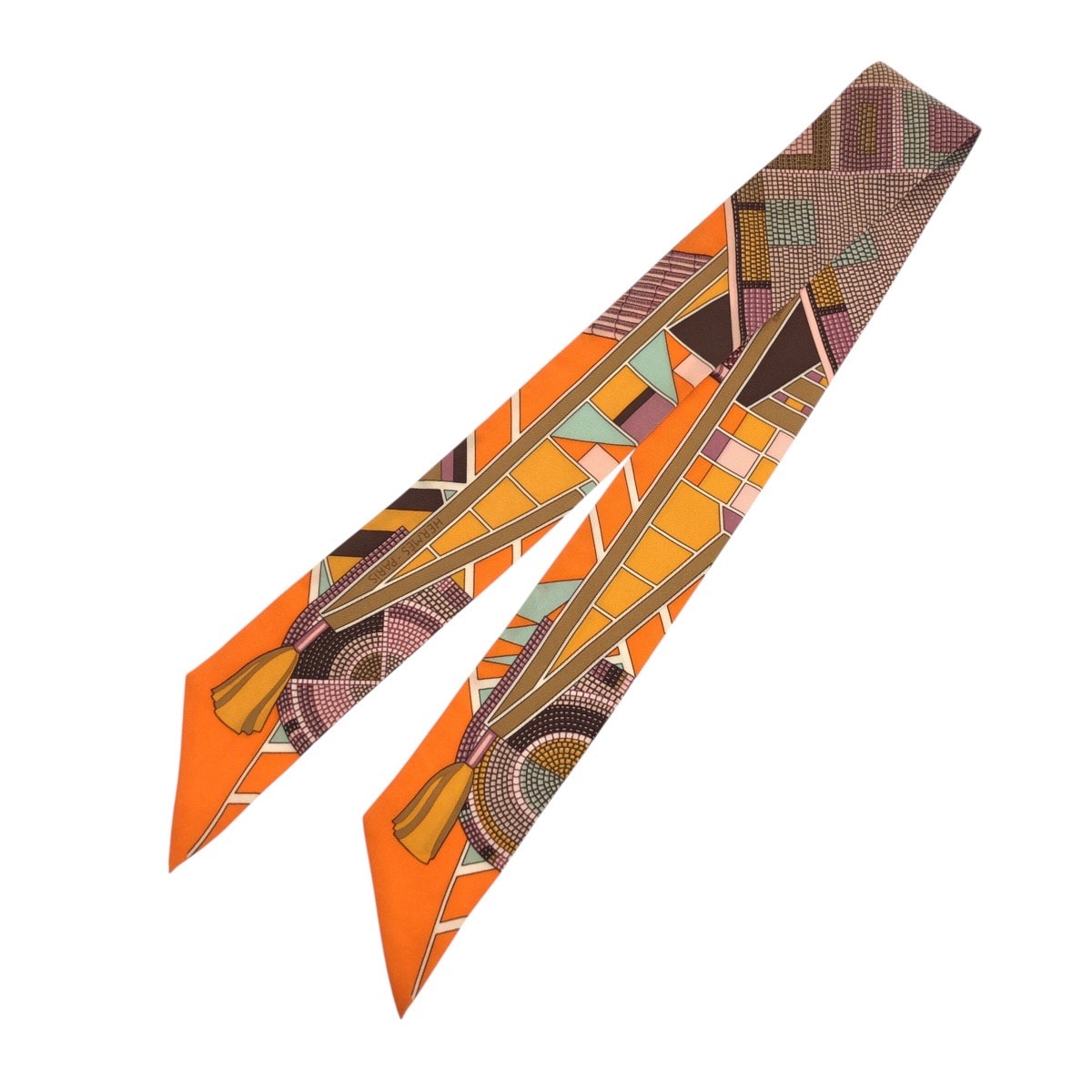 美品 HERMES エルメス 草原のインディアンアート ツイリー オレンジ ブラウン シルク スカーフ リボンスカーフ 601400 【中古】