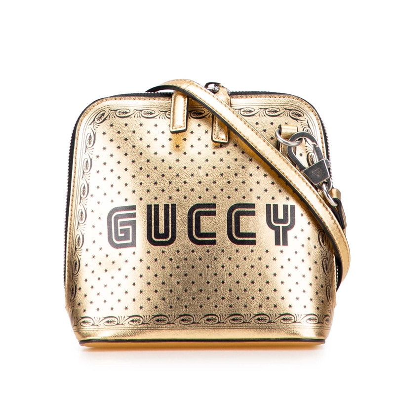 グッチ × SEGA GUCCY プリント ショルダーバッグ 511189 ゴールド ブラック レザー レディース GUCCI 中古