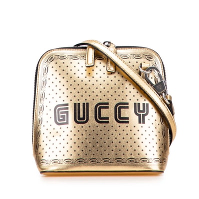 グッチ × SEGA GUCCY プリント ショルダーバッグ 511189 ゴールド ブラック レザー レディース GUCCI 中古