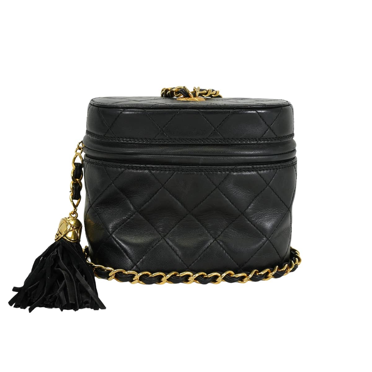 【渋谷並木橋店】CHANEL シャネル ショルダーバッグ バニティ チェーン フリンジ マトラッセ ココマーク ヴィンテージ 黒 (ブラック) ラムスキン ゴールド金具 ABランク【中古】