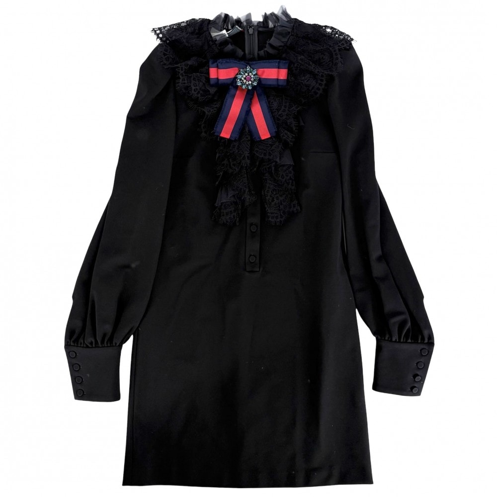 GUCCI グッチ ワンピース フリル リボン 長袖 服 ドレス アパレル シェリーライン XS 595504 ブラック 黒 レーヨン  ナイロン  ポリウレタン  レディース 春 秋 オールシーズン【中古品】