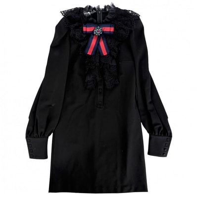 GUCCI グッチ ワンピース フリル リボン 長袖 服 ドレス アパレル シェリーライン XS 595504 ブラック 黒 レーヨン ナイロン ポリウレタン レディース 春 秋 オールシーズン【中古品】