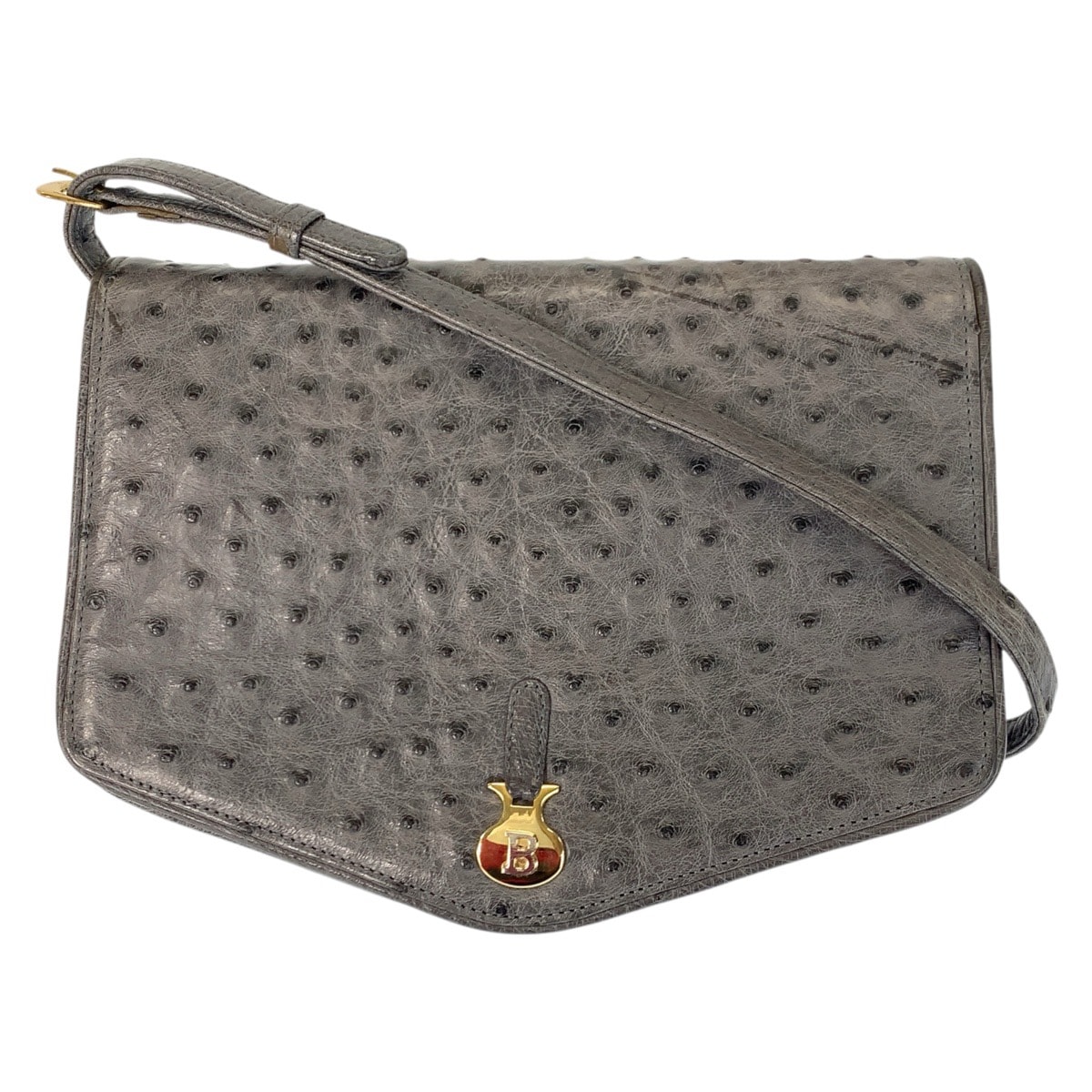 美品 BALLY バリー オーストリッチ 手鏡付き グレー ゴールド金具 レザー ショルダーバッグ 601029 【中古】