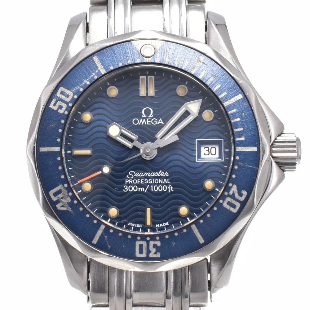 オメガ OMEGA 2583.80 シーマスター 300M デイト ブルー クォーツ レディース 良品 箱・保証書付き 腕時計 A#149370