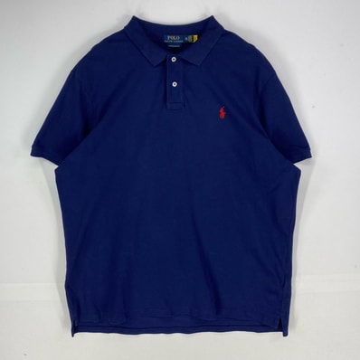 古着 ポロ・ラルフローレン POLO RALPH LAUREN 鹿の子 半袖シャツ ワンポイント ロゴ刺繍 ポロシャツ 2XL ネイビー系 メンズ