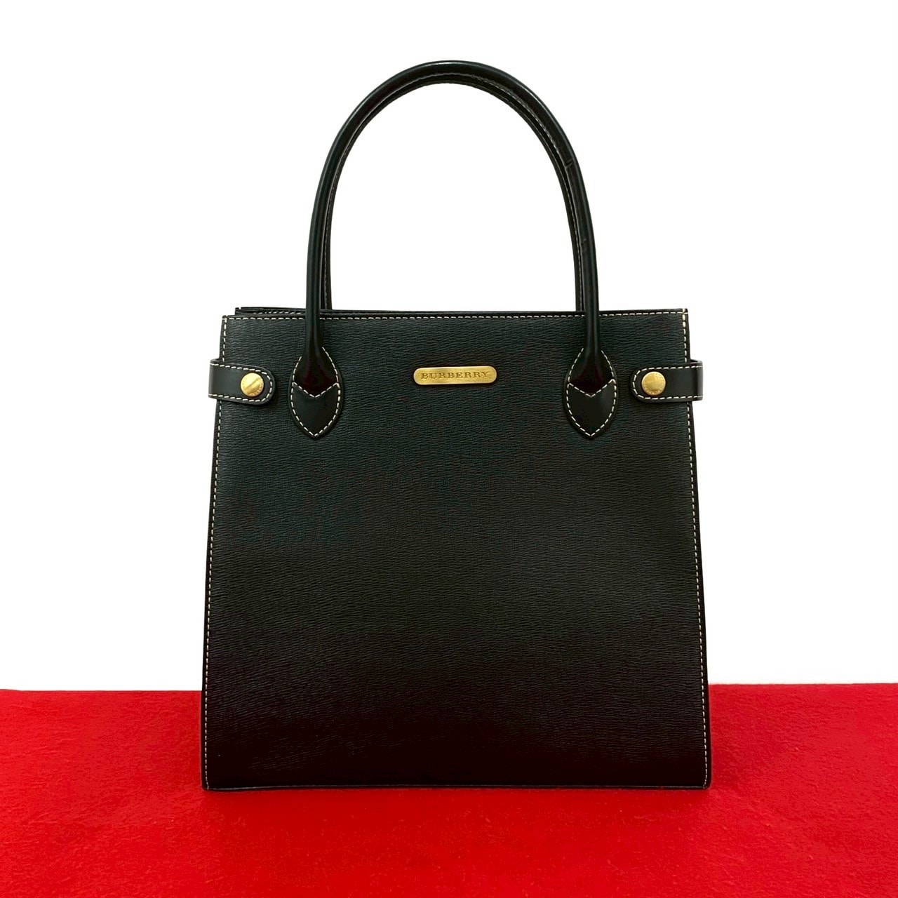 BURBERRY バーバリー ロゴ 金具 ノバチェック 柄 ステッチ レザー ハンドバッグ ブラック
 72056