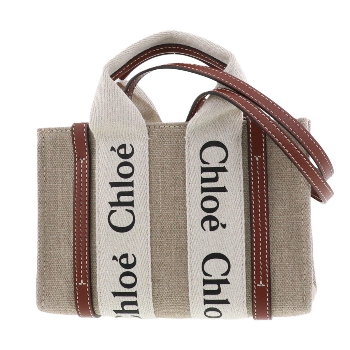 Chloe クロエ ウッディ ミニ トートバッグ ショルダーバッグ CHC22AP237I2690U キャンバス ベージュ  レディース【中古】