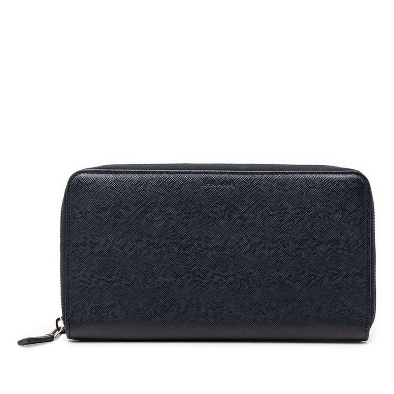 プラダ ロゴ 長財布 ラウンドファスナー ネイビー サフィアーノレザー メンズ PRADA 中古