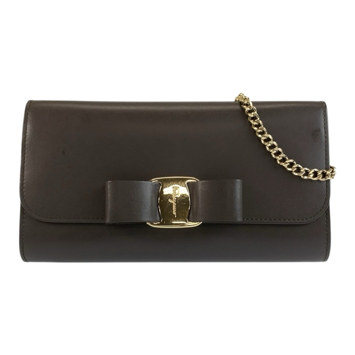 Salvatore Ferragamo サルヴァトーレフェラガモ ヴァラリボン ブラウン ゴールド金具 レザー ショルダーバッグ チェーンウォレット 1-0248860 【中古】