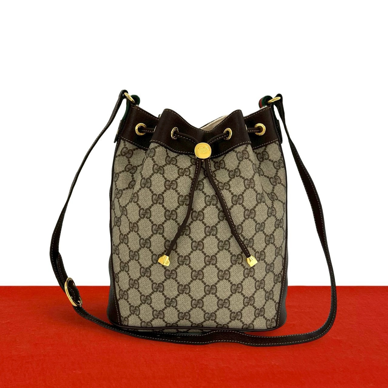 GUCCI グッチ シェリーライン GG ロゴ 金具 巾着 レザー PVC ショルダーバッグ ブラウン
 92820