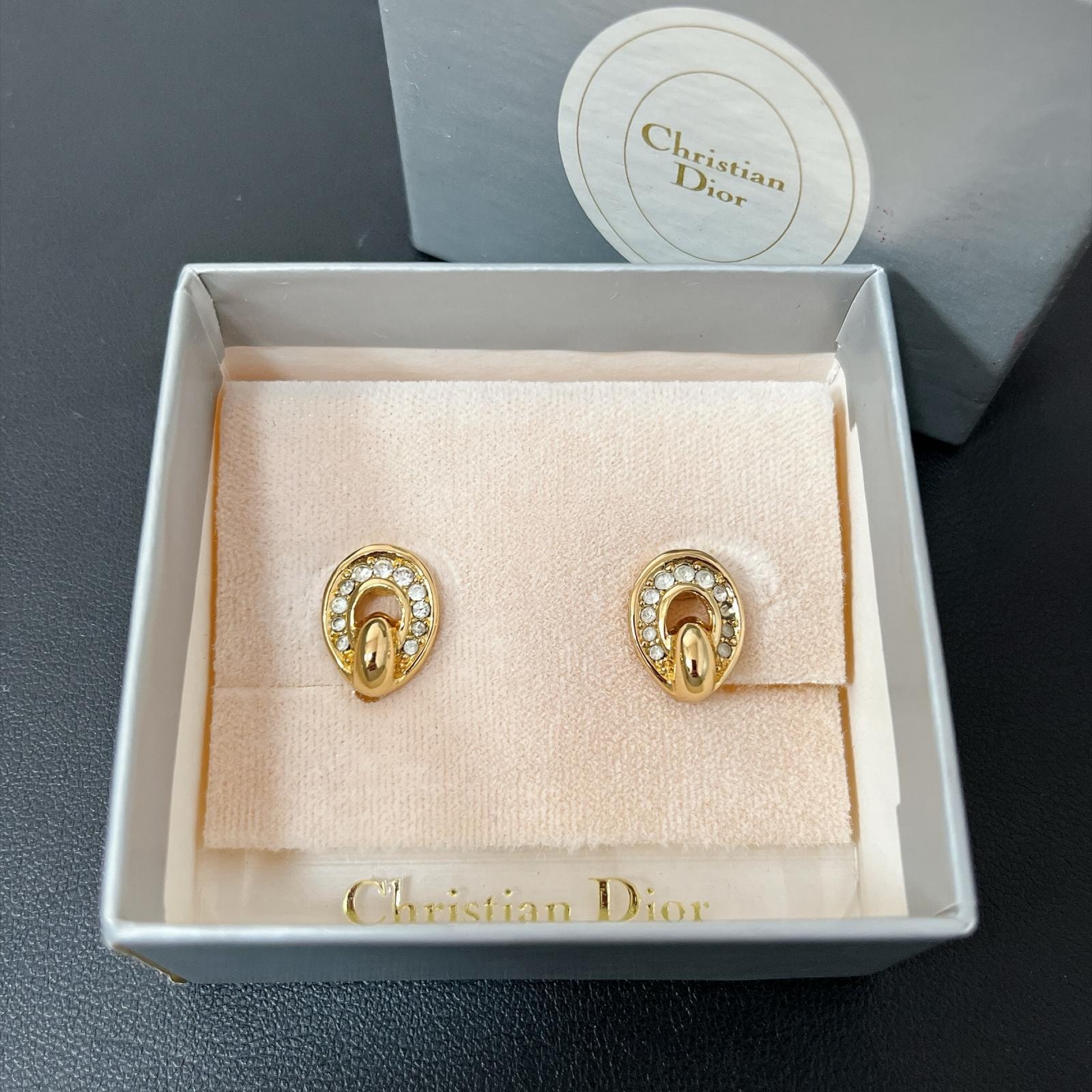 【Christian Dior】クリスチャンディオール イヤリング 箱付き ラインストーン ゴールド オーバル CDロゴモチーフ ヴィンテージ レディース
