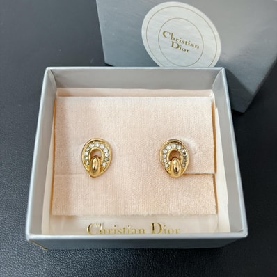 【Christian Dior】クリスチャンディオール イヤリング 箱付き ラインストーン ゴールド オーバル CDロゴモチーフ ヴィンテージ レディース