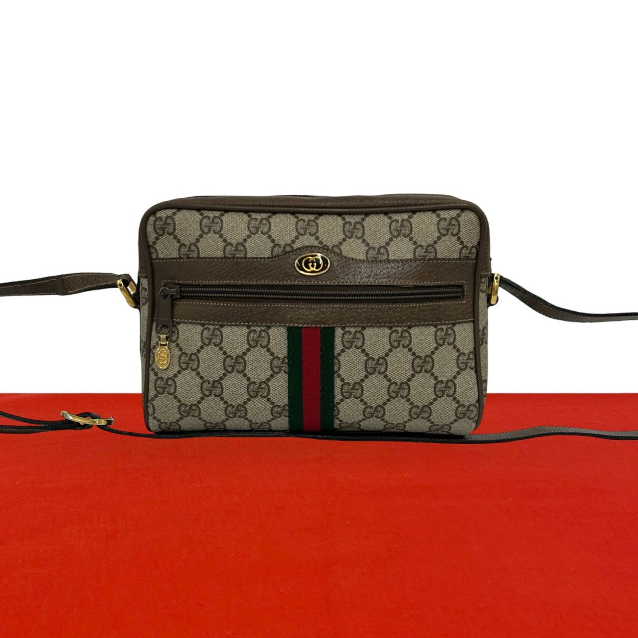 GUCCI グッチ シェリーライン GG ロゴ 金具 レザー PVC ショルダーバッグ ブラウン
 98909