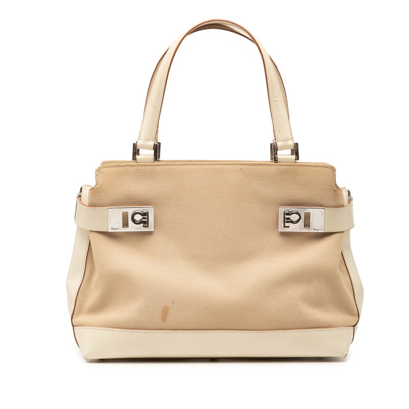 サルヴァトーレフェラガモ ガンチーニ ハンドバッグ AQ-21 0198 ベージュ クリーム キャンバス レザー レディース Salvatore Ferragamo 【中古】