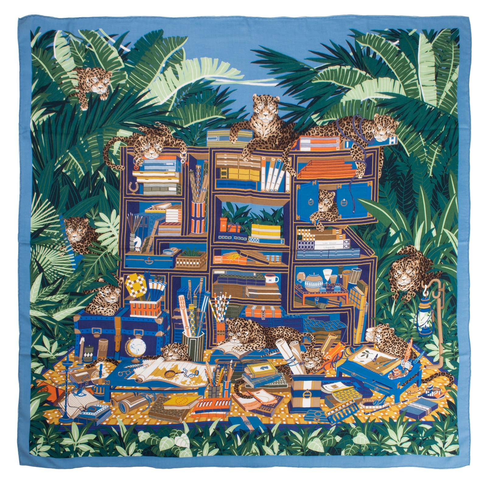 HERMES エルメス スカーフ カレ140 カレジェアン Les Douze Leopards 12頭のレオパード 243762S 01 カシシル ストール ショール カシミヤ シルク ブルー マルチカラー【中古】