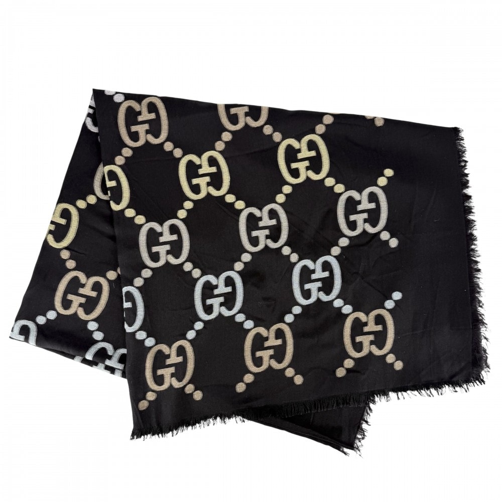 GUCCI グッチ ストール GG 総柄 スカーフ ファッションアイテム 694813 コットン シルク カシミヤ ブラック 黒 マルチカラー レディース【中古品】