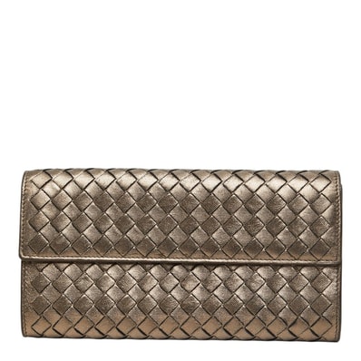 ボッテガヴェネタ イントレチャート 長財布 150509 V0041 1203 シャンパンゴールド レザー レディース BOTTEGAVENETA 【中古】
