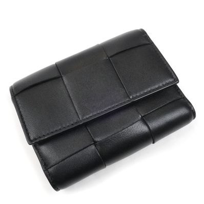 Bottega Veneta Intrecciato Lambskin Cassette Trifold Zip Wallet "Black"
