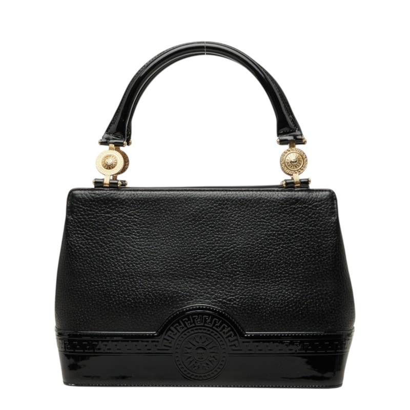 ヴェルサーチェ サンバースト ハンドバッグ ブラック ゴールド レザー エナメル レディース VERSACE 中古