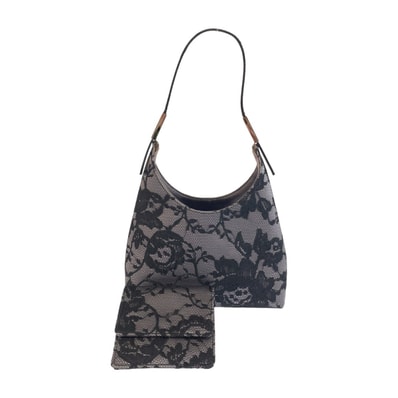 GUCCI グッチ ポーチ付き グレー ブラック シルバー金具 レース リザード/ ハンドバッグ パーティーバッグ 603574 【中古】