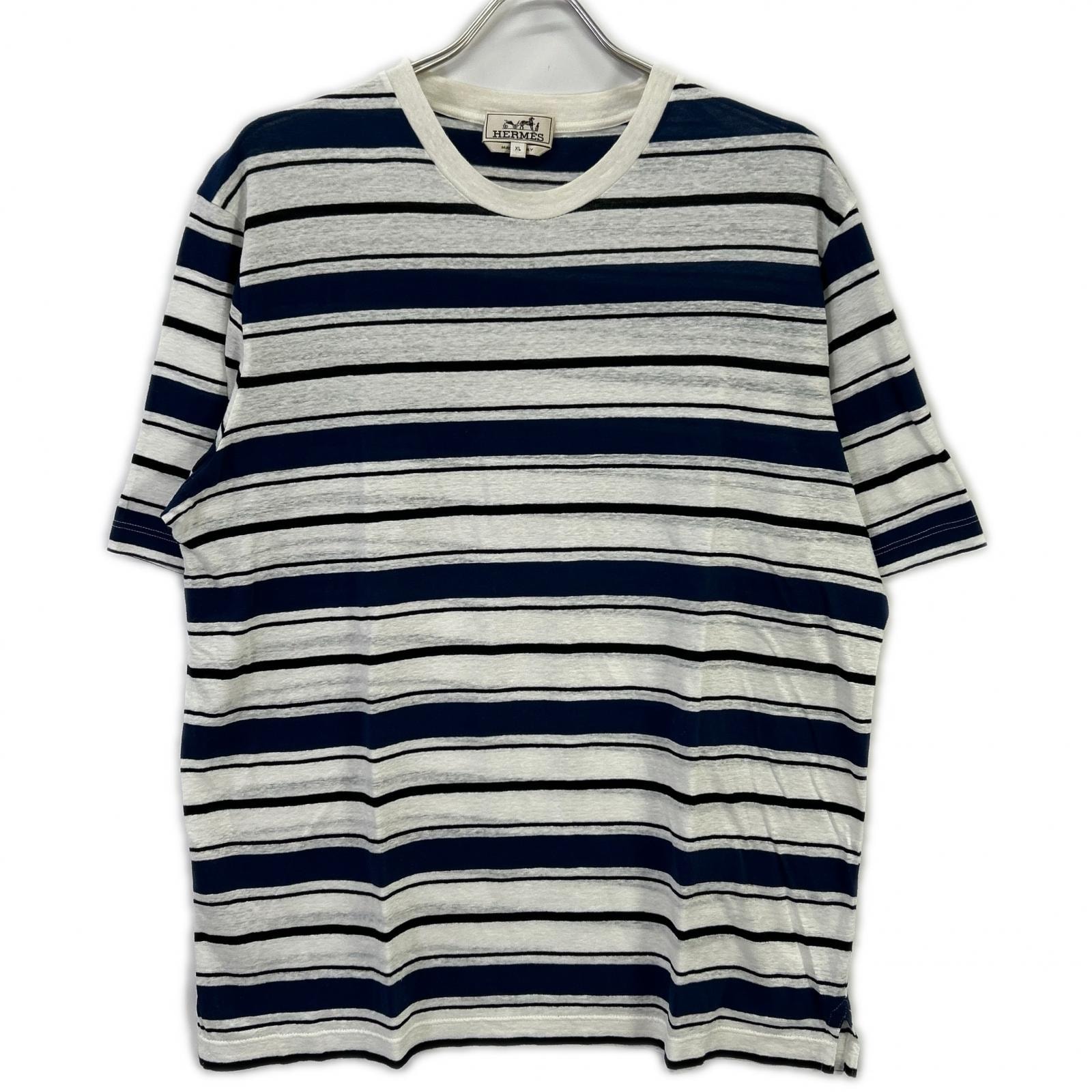 エルメス ブルー ボーダー クルーネック Tシャツ XL