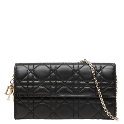 ディオール カナージュ ステッチ 長財布 チェーンウォレット ブラック レザー レディース Dior 【中古】