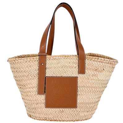 LOEWE ロエベ ハンドバッグ アナグラム バスケットバッグミディアム かごバッグ 肩掛け パームリーフ カーフレザー ベージュ ブラウン 茶 シルバー金具 レディース【中古品】