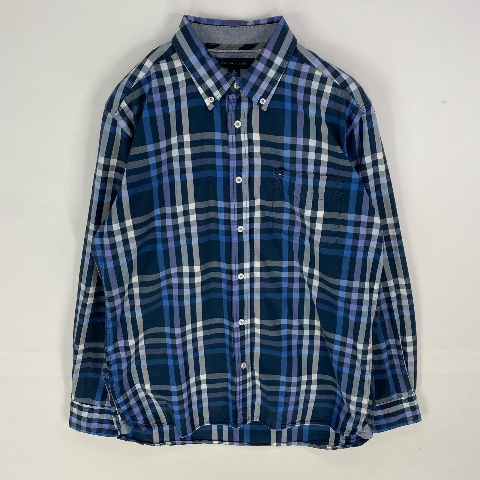 古着 トミーヒルフィガー TOMMY HILFIGER 長袖シャツ 胸ポケット 刺繍 ワンポイント ロングスリーブ M ネイビー系 チェック メンズ