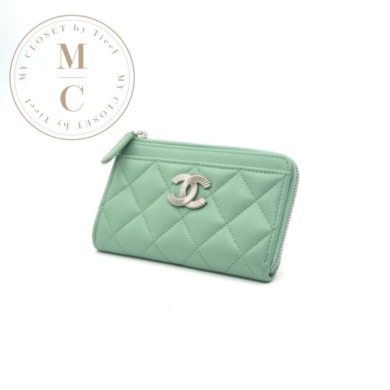 シャネル CHANEL 財布 コインケース 小銭入れ キャビアスキン グリーン シルバー マトラッセ ココマーク フラグメントケース カードケース ファスナー