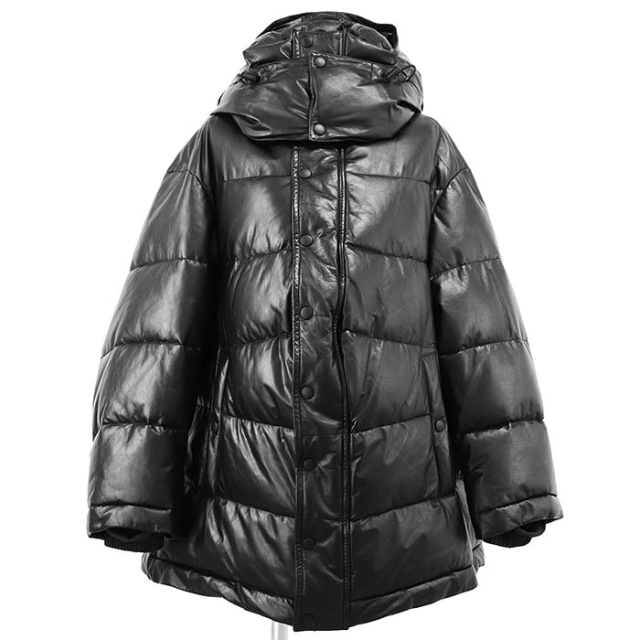 BALENCIAGA バレンシアガ ダウンジャケット カウレザー 2020年製 オーバーサイズ フード取り外し可能 2WAY アウター レディース サイズ 36 ブラック 黒 イタリア製