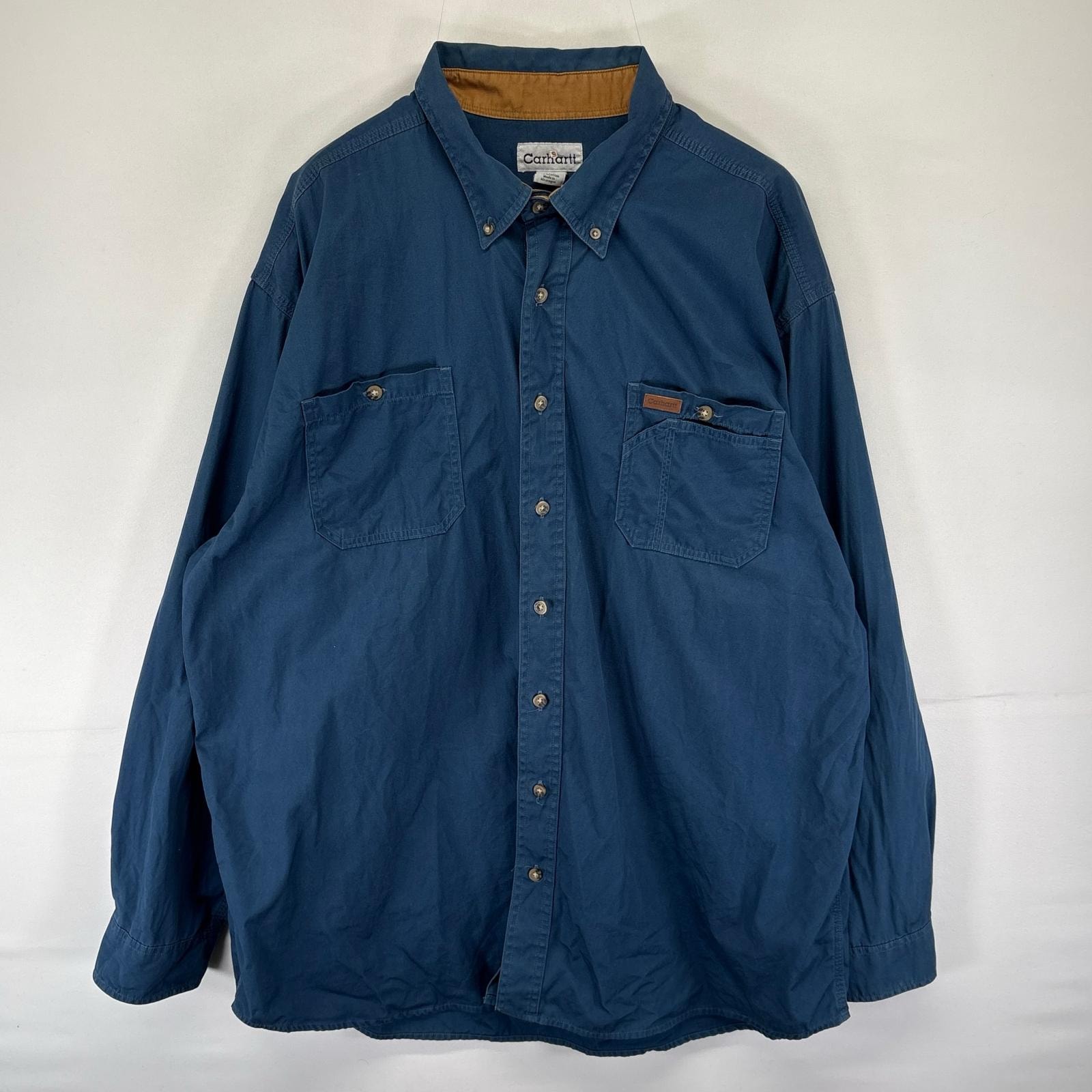 古着 カーハート Carhartt 長袖シャツ ボタンダウン ロゴ ワンポイントロゴ 胸ポケット 大きいサイズ 2XL  ブルー系 メンズ