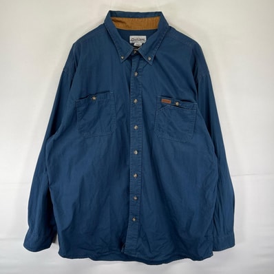古着 カーハート Carhartt 長袖シャツ ボタンダウン ロゴ ワンポイントロゴ 胸ポケット 大きいサイズ 2XL ブルー系 メンズ