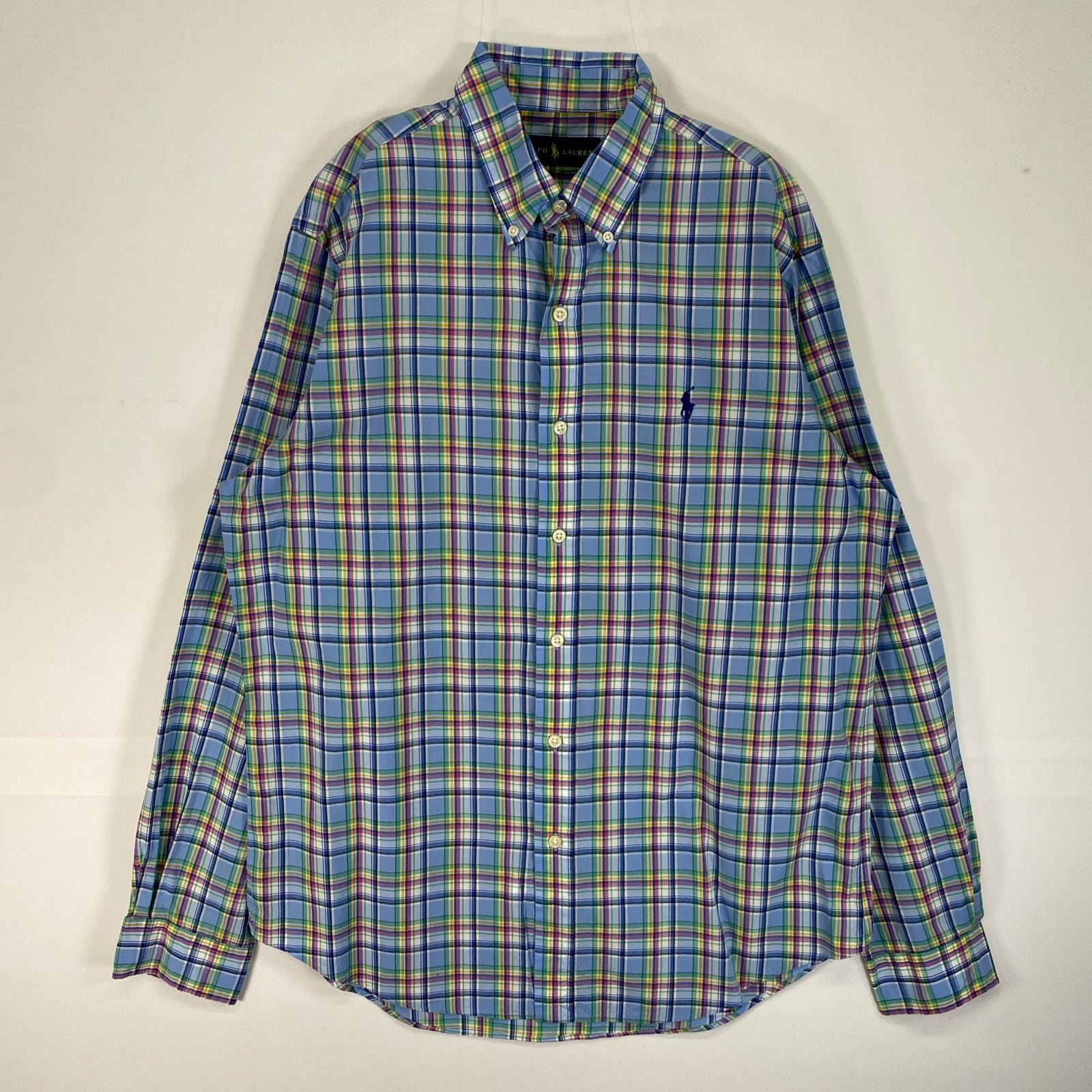 古着 ラルフローレン RALPH LAUREN 長袖シャツ ロゴ 刺繍 チェック ボタンダウン M  水色系 マルチカラー メンズ