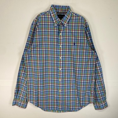 古着 ラルフローレン RALPH LAUREN 長袖シャツ ロゴ 刺繍 チェック ボタンダウン M 水色系 マルチカラー メンズ