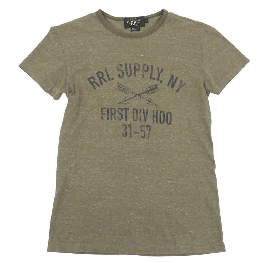 ダブルアールエル 美品 コットン RRL SUPPLY,NY 染み込みプリント 霜降り ショートスリーブカットソー トップス メンズ カーキ XS XS
