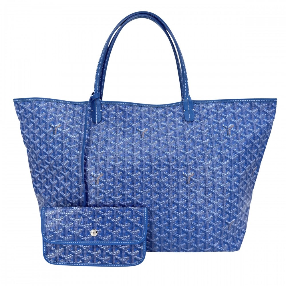 GOYARD ゴヤール トートバッグ サンルイGM ハンドバッグ ポーチ付き 肩掛け コーティングキャンバス  レザー   ブルー 青 シルバー金具 レディース【中古品】