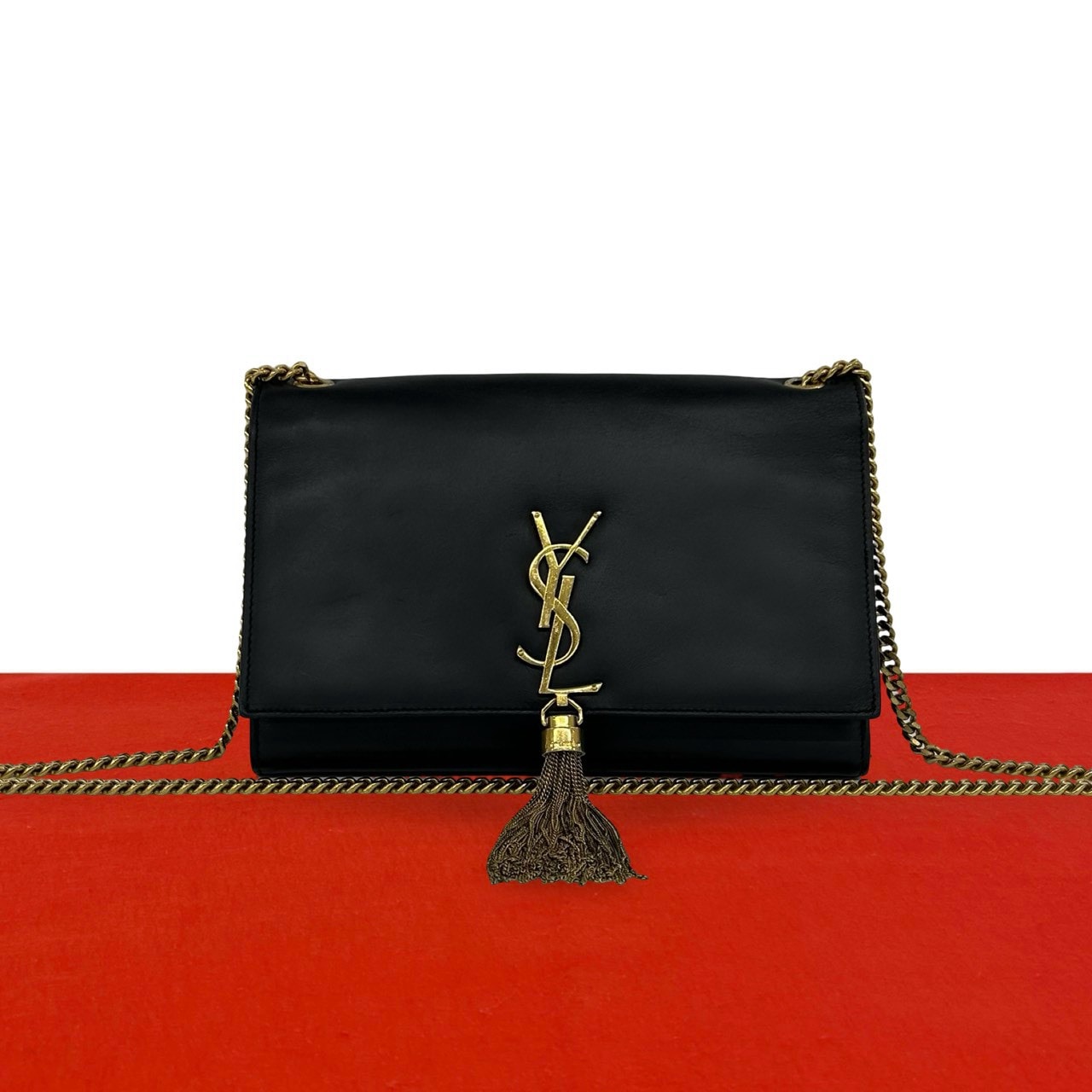 YVES SAINT LAURENT イヴ・サンローラン ケイト YSL ロゴ 金具 タッセル レザー ショルダーバッグ ブラック
 37290