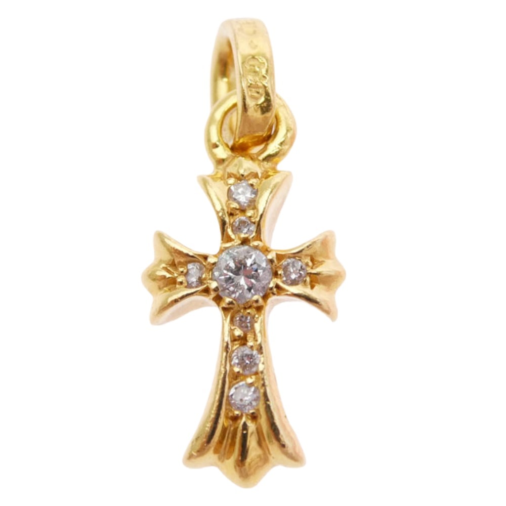 Chrome Hearts 22K Tiny Fat Cross Pave Diamond Pendant Necklace Top "Yellow Gold"