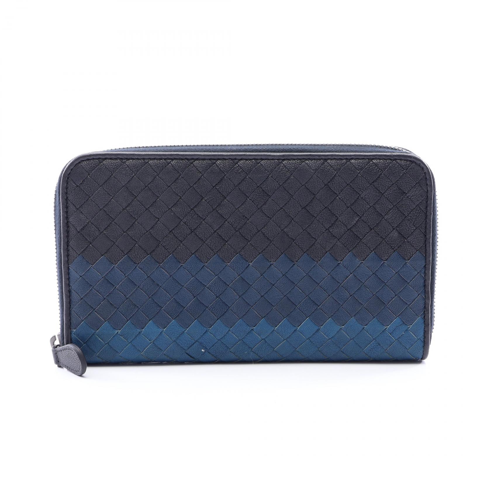 ボッテガヴェネタ BOTTEGA VENETA イントレチャート ラウンド長財布 財布 レザー メンズ ブラック系 / ネイビー系 / ブルー系 【中古】