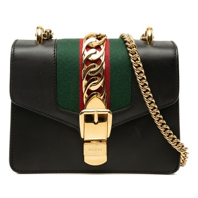 グッチ シェリーライン シルヴィ 斜め掛け チェーン ショルダーバッグ 431666 ブラック レザー レディース GUCCI 中古