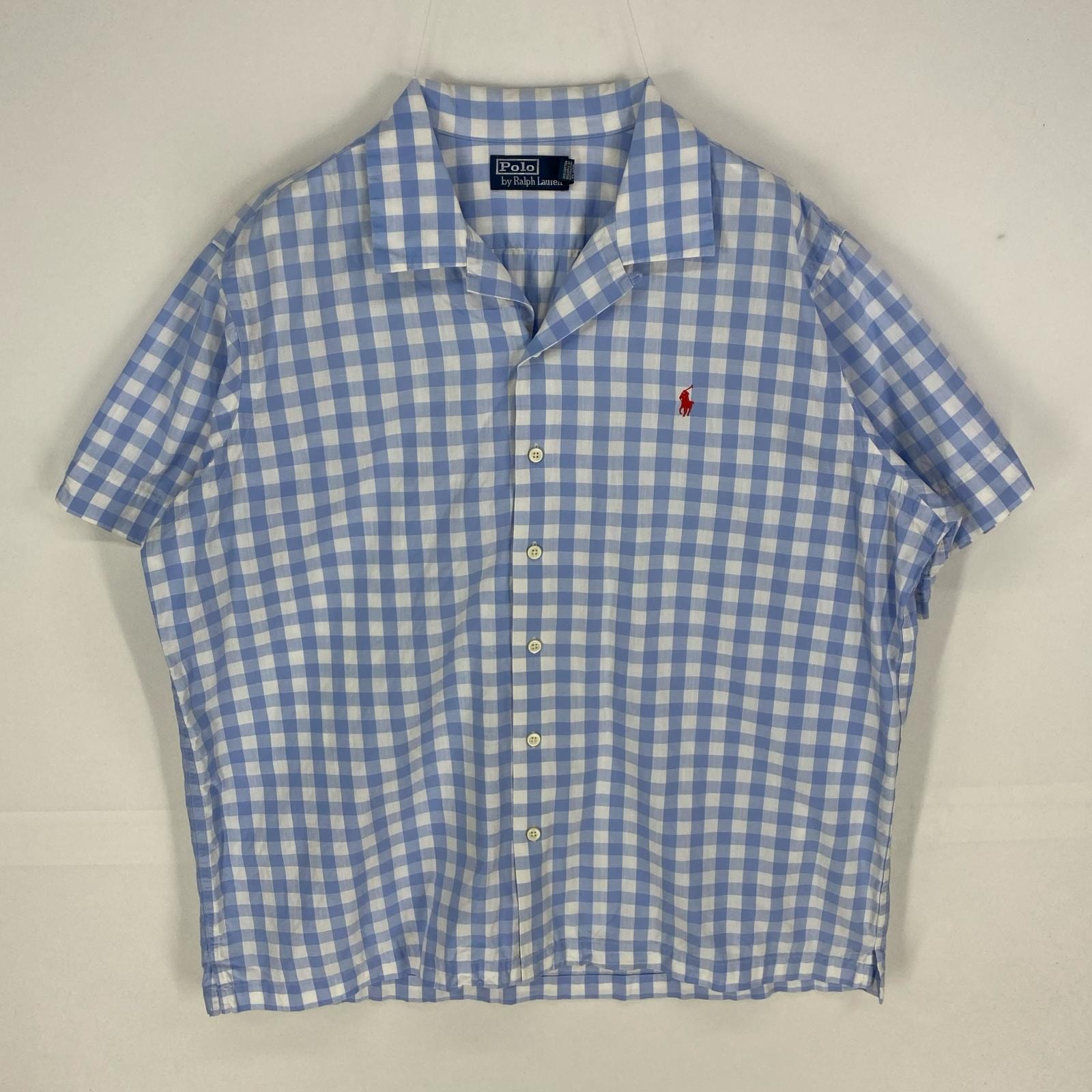 古着 ポロバイラルフローレン Polo by Ralph Lauren 半袖シャツ オープンカラー ワンポイント XL ブルー系 チェック メンズ