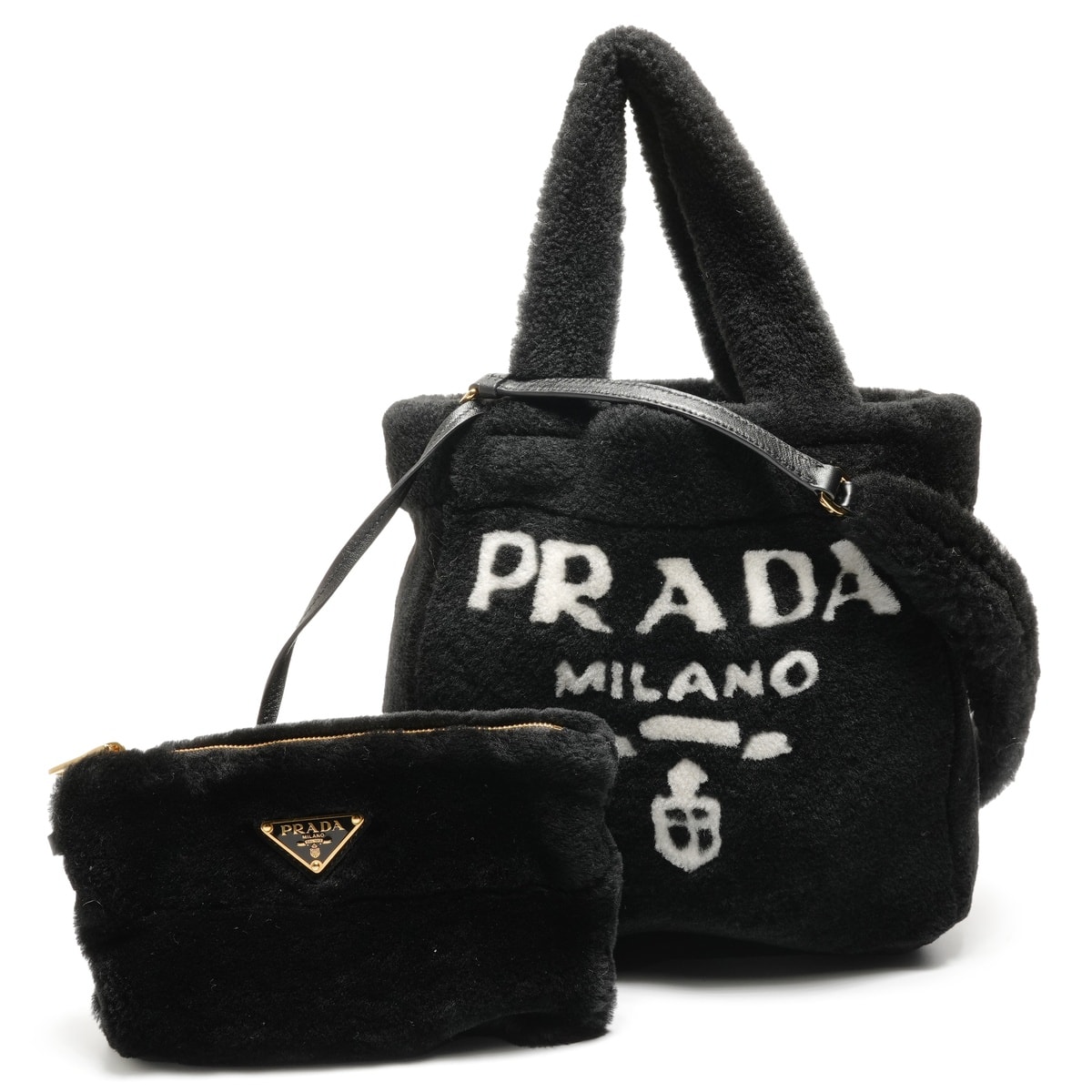 プラダ PRADA シアリング シープファー ロゴ 2way ハンドバッグ【中古】