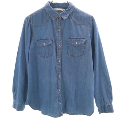 ZARA BASIC ザラベーシック 長袖 シャンブレー ウエスタンシャツ S ネイビー系