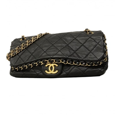 【6cd4676】シャネル ショルダーバッグ マトラッセ Wチェーン ラグジュアリー カーフスキン ブラック ゴールド金具【中古】レディース