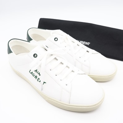 未使用 SAINT LAURENT サンローラン レザー ロゴ刺繡 スニーカー 7 25 PO610685 スニーカー ホワイト グリーン カーフレザー メンズ