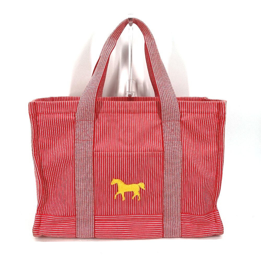 エルメス HERMES カヴァル 馬 シュバル ストライプ マザーズバッグ ショルダーバッグ ポーチ付き トートバッグ キャンバス レッド
